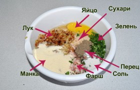 В миске соединяем мясной фарш, яйцо, сухари и манку, лук, рубленую зелень (ее можно заменить сушеной). 