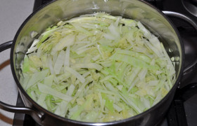 Начинаем с капусты: нарезаем тонкой соломкой, опускаем в воду для супа. Пусть готовится.