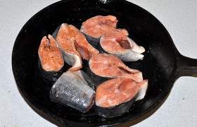 Куски горбуши выкладываем в подходящую форму (или сковороду с толстым дном).