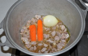 Кладем в посуду для  тушения  вместе с морковью и луком, наливаем немного кипятка. Оставляем на слабом огне под крышкой.
