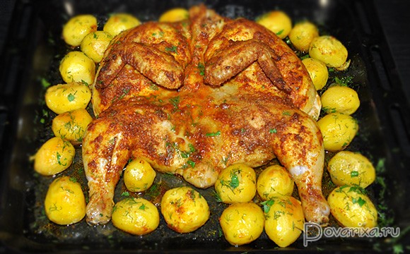 Курица запеченная в духовке целиком с чесноком и картошкой
